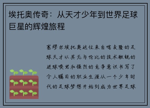 埃托奥传奇：从天才少年到世界足球巨星的辉煌旅程