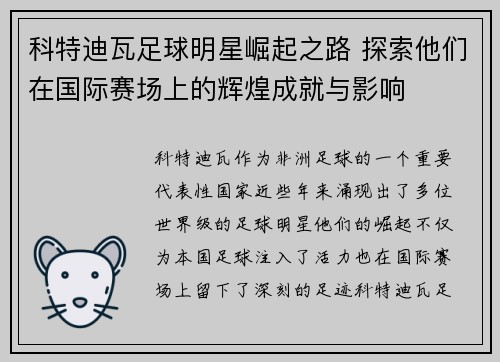 科特迪瓦足球明星崛起之路 探索他们在国际赛场上的辉煌成就与影响