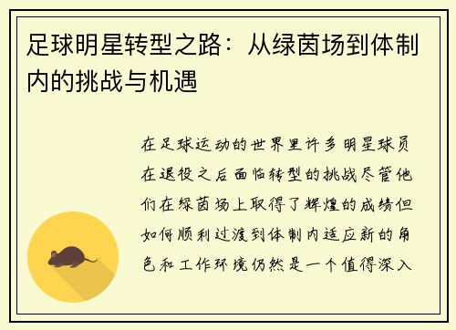 足球明星转型之路：从绿茵场到体制内的挑战与机遇